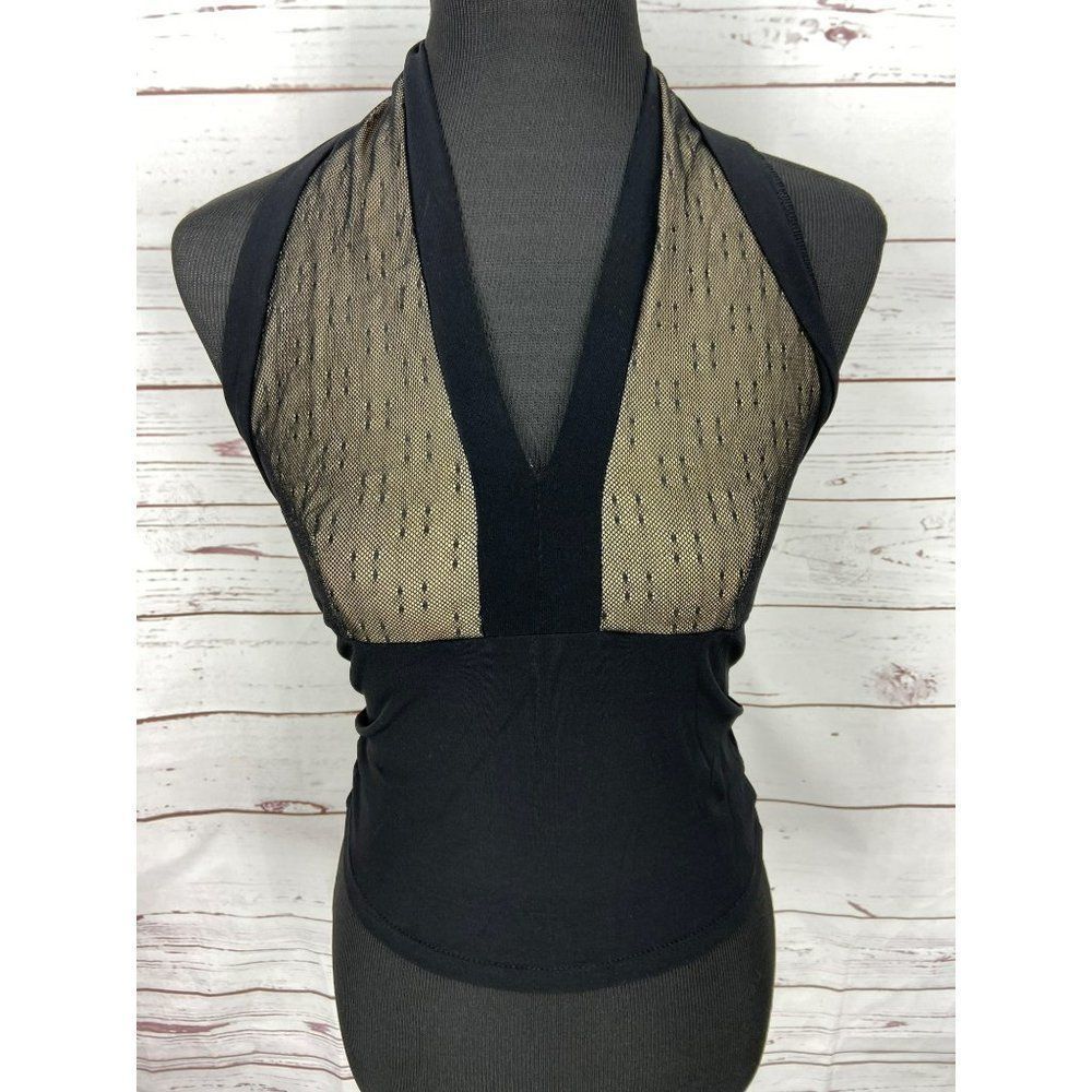 Papaya Halter Top Blouse CAMISOLE Black And Tan Sheer Cover Collar With Deep V-